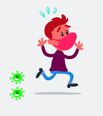  young man dressed casu young man dressed casually  with mask and virus COVID running scared

