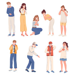 Obraz premium Coronavirus Covid-19 or flu symptoms vector flat illustration. Sick people in protective face masks have cold, coughing, have a sore throat, and temperature rise. Flu sickness concept.