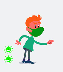  young man dressed casually  with mask and virus COVID pointing something aggressively
