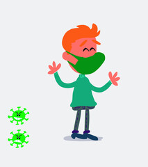 Very pleased  young man dressed casually  with mask and virus COVID 
