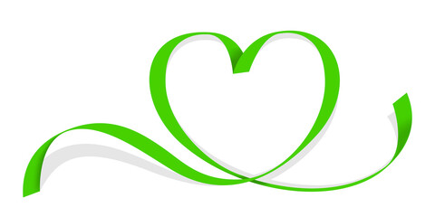 ribbon green heart shape isolated on white, ribbon line green heart-shaped, heart shape ribbon stripes green, copy space, border tape curl heart shaped for decoration greeting valentine's day