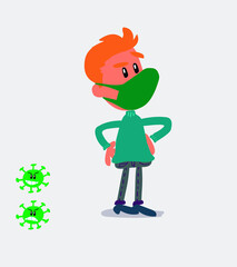  young man dressed casu young man dressed casually  with mask and virus COVID doubting

