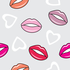 Lips and hearts on a light gray background. Seamless pattern