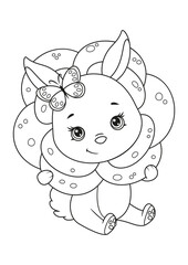 Cute Bunny in rose coloring page. Black and white cartoon illustration