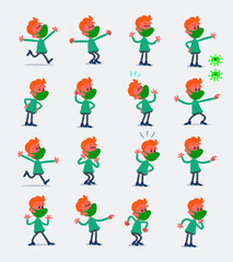 Cartoon character young man dressed casually with mask and virus COVID in smart casual style. Set with different postures, attitudes and poses, doing different activities in isolated vector illustrati