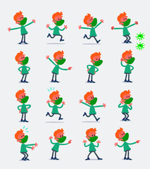 Obraz premium Cartoon character young man dressed casually with mask and virus COVID in smart casual style. Set with different postures, attitudes and poses, doing different activities in isolated vector illustrati