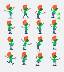 Cartoon character young man dressed casually with mask and virus COVID in smart casual style. Set with different postures, attitudes and poses, doing different activities in isolated vector illustrati