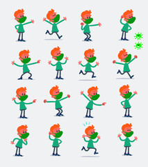 Cartoon character young man dressed casually with mask and virus COVID in smart casual style. Set with different postures, attitudes and poses, doing different activities in isolated vector illustrati