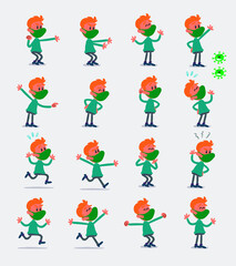 Cartoon character young man dressed casually with mask and virus COVID in smart casual style. Set with different postures, attitudes and poses, doing different activities in isolated vector illustrati