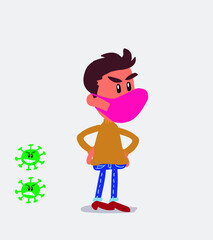 Angry  young man dressed casually  with mask and virus COVID 
