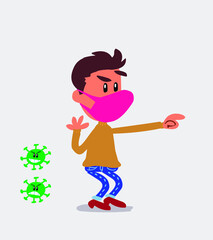 Surprised  young man dressed casually  with mask and virus COVID points to something
