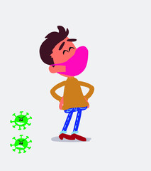 Satisfied  young man dressed casually  with mask and virus COVID 
