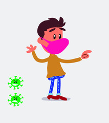  young man dressed casu young man dressed casually  with mask and virus COVID smiling while pointing
inting
