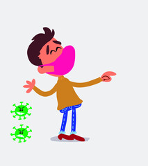  young man dressed casually  with mask and virus COVID laughing while pointing
