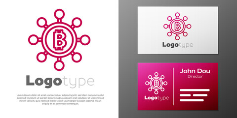 Fototapeta premium Logotype line Blockchain technology Bitcoin icon isolated on white background. Abstract geometric block chain network technology business. Logo design template element. Vector.