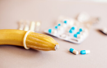 pills and capsules. Banana. Fruits. 