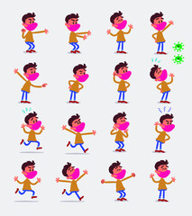 Cartoon character young man dressed casually with mask and virus COVID in smart casual style. Set with different postures, attitudes and poses, doing different activities in isolated vector illustrati