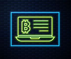 Glowing neon line Mining bitcoin from laptop icon isolated on brick wall background. Cryptocurrency mining, blockchain technology service. Vector.