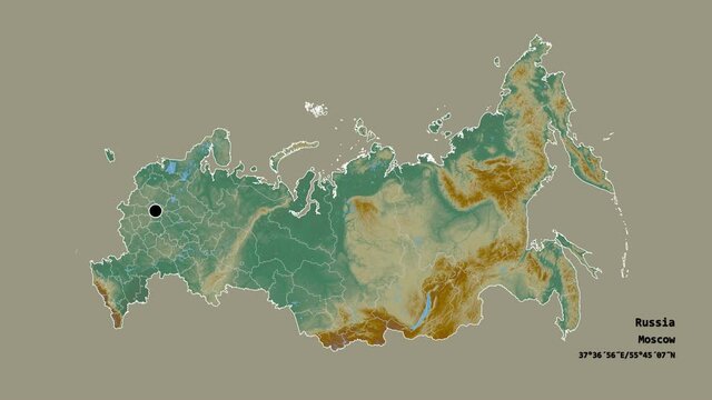 Yevrey, autonomous region of Russia, with its capital, localized, outlined and zoomed with informative overlays on a relief map in the Stereographic projection. Animation 3D