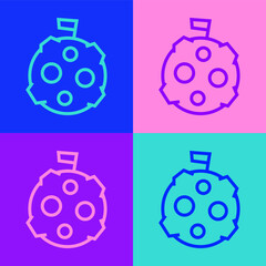 Pop art line Moon with flag icon isolated on color background. Vector.