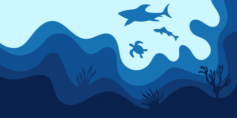 Abstract background, poster, banner. Sea, ocean, waves with shark, turtle and fish. Composition of amorphous forms, liquid shapes. Vector color illustration in flat style.