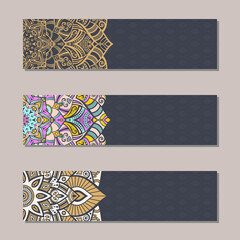 Vector set 3 banners with traditional indian ornaments, lace orient mandala. Decorative elements.  Ethnic Mandala ornament. Islam, Arabic, Indian, ottoman motifs. Color illustration.