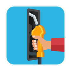 hand holding gasoline pistol pump fuel nozzle. vector illustration