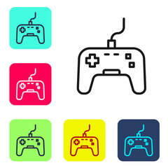 Black line Gamepad icon isolated on white background. Game controller. Set icons in color square buttons. Vector.
