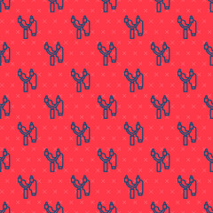 Blue line Slingshot icon isolated seamless pattern on red background. Vector.