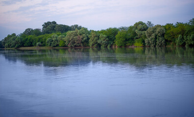 river in the forest. Landscape. River and forest in the background. blue sky, blue river and green forest. Summer landscape.