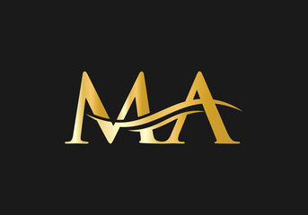 Initial MA logo design gold swoosh. vector MA logo for business and company identity - obrazy, fototapety, plakaty