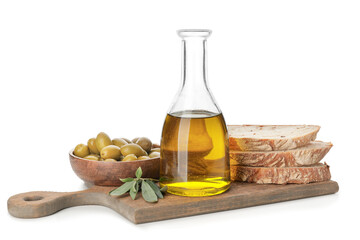 Bottle of tasty olive oil and bread on white background