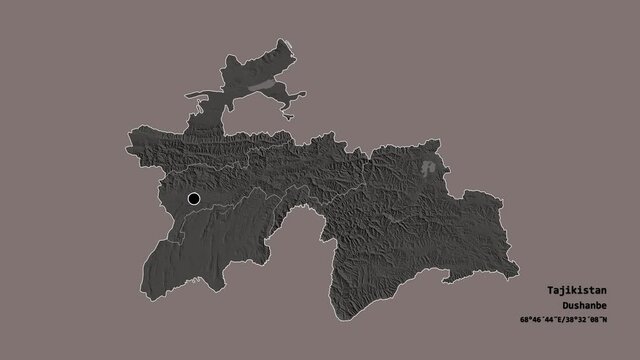 Gorno-Badakhshan, region of Tajikistan, with its capital, localized, outlined and zoomed with informative overlays on a administrative map in the Stereographic projection. Animation 3D