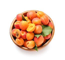 Bowl with tasty ripe apricots on white background