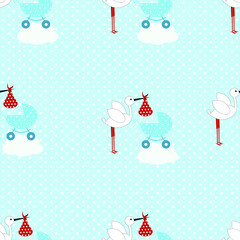 seamless pattern of a stork carrying a baby on a blue polka dots background. Vector illustration