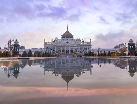 Beautiful picture of chota imambara lucknow with clear sky and lake reflection