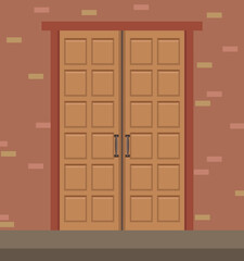 Closed the front door. Brick wall of the building. The view from the outside. Flat design. Vector illustration.