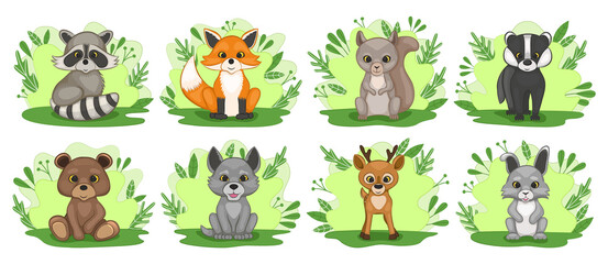 Obraz premium Set of cute forest baby animals. Fox, wolf, bear, hare, raccoon, deer, badger, squirrel. Cartoon style. Vector illustration.