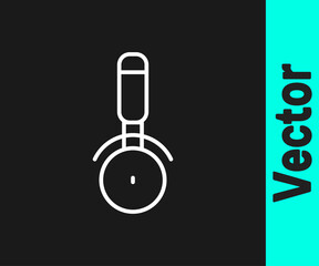 White line Pizza knife icon isolated on black background. Pizza cutter sign. Steel kitchenware equipment. Vector.
