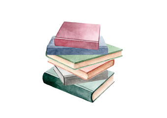 Hand drawn watercolor illustration of stack of books. Education Reading Back to School concept. Isolated objects on white background.