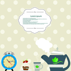 Tea time hand drawn vector illustration with tea cup, teapot, cupcake and wall clock. Cute Tea time party invitation. Use for cards, menu cover