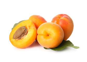 Naklejka na ściany i meble Tasty ripe apricots on white background