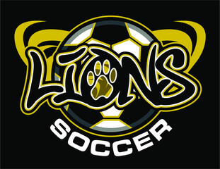 Naklejka premium lions soccer team design with paw print and ball for school, college or league