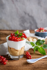 Refreshing cream cheese dessert with peanut butter and sponge biscuits, topped with fresh gooseberries and red currants