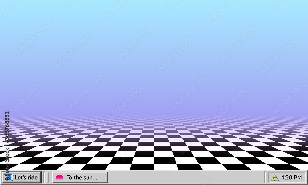 Aufkleber vaporwave abstract background with retro computer interface worktable and checkered floor wallpaper