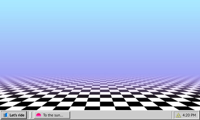 Vaporwave abstract background with retro computer interface worktable and checkered floor wallpaper © swillklitch