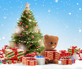 concept of christmas presents. christmas gifts and cute teddy bear 3d-illustration