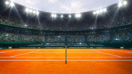 Fototapeta na wymiar Orange clay tennis court and illuminated outdoor arena with fans, referee side view, professional tennis sport 3d illustration background.