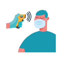 Hand holding thermometer gun checking man temperature vector design