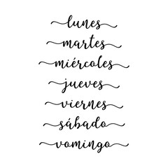 Días escritos a mano de la semana. Traducido: Lunes, Martes, Miércoles, Jueves, Viernes, Sábado, Domingo. Lettering para calendario, organizador, planificador.